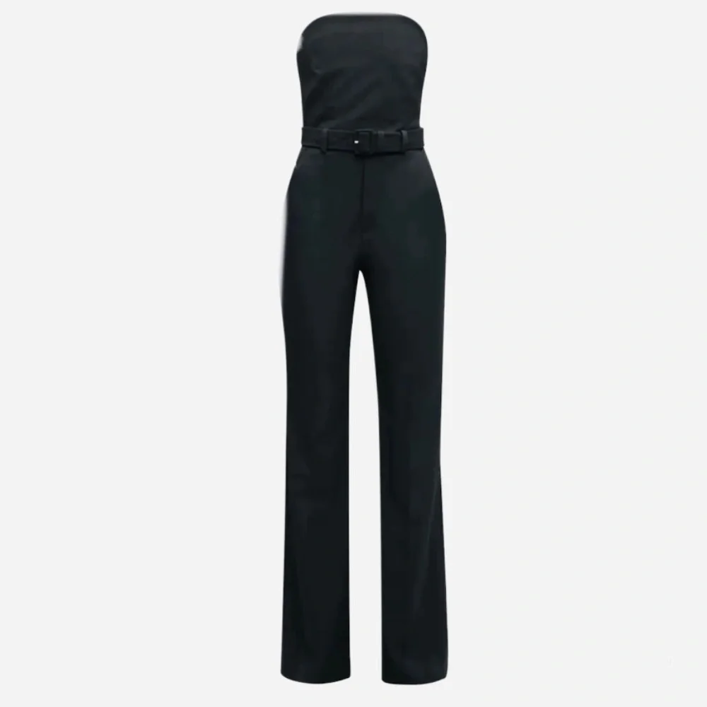 ALC Strapless Apron Front Black Tailored Belted Widish Leg Jumpsuit - Picture 3 of 16